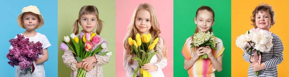 Image of Cute children with bouquets of flowers on different color backgrounds. Collage of photos