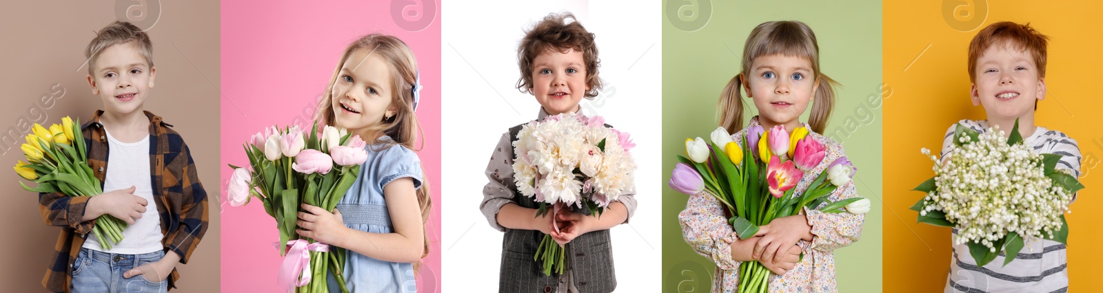 Cute children with bouquets of flowers on different color backgrounds. Collage of photos Image of Cute children with bouquets of flowers on different color backgrounds. Collage of photos