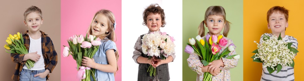 Image of Cute children with bouquets of flowers on different color backgrounds. Collage of photos