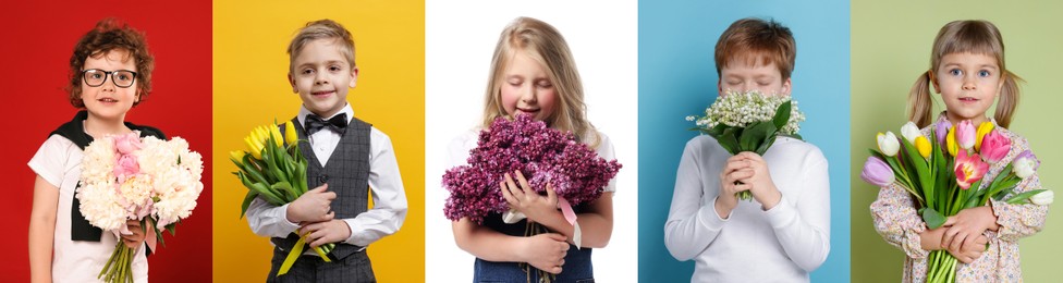 Image of Cute children with bouquets of flowers on different color backgrounds. Collage of photos