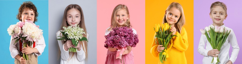 Image of Cute children with bouquets of flowers on different color backgrounds. Collage of photos
