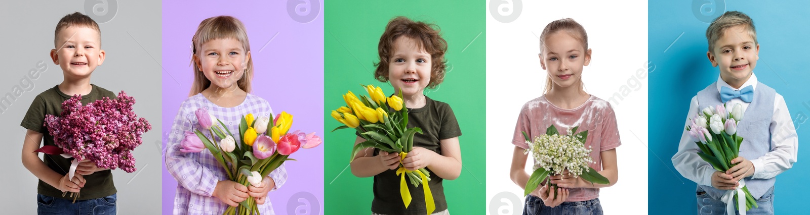 Cute children with bouquets of flowers on different color backgrounds. Collage of photos Image of Cute children with bouquets of flowers on different color backgrounds. Collage of photos