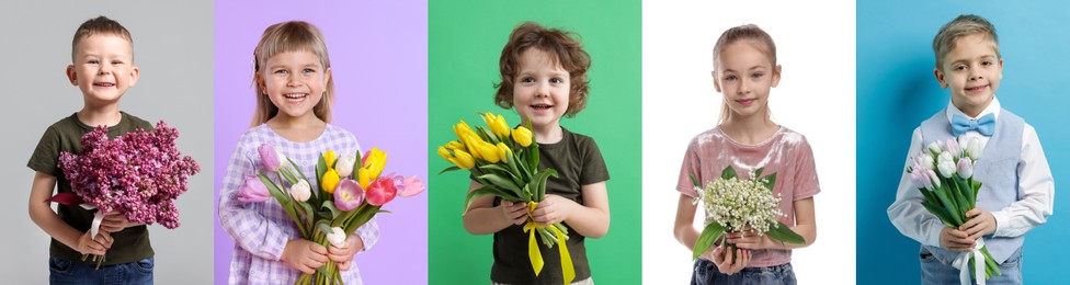 Image of Cute children with bouquets of flowers on different color backgrounds. Collage of photos