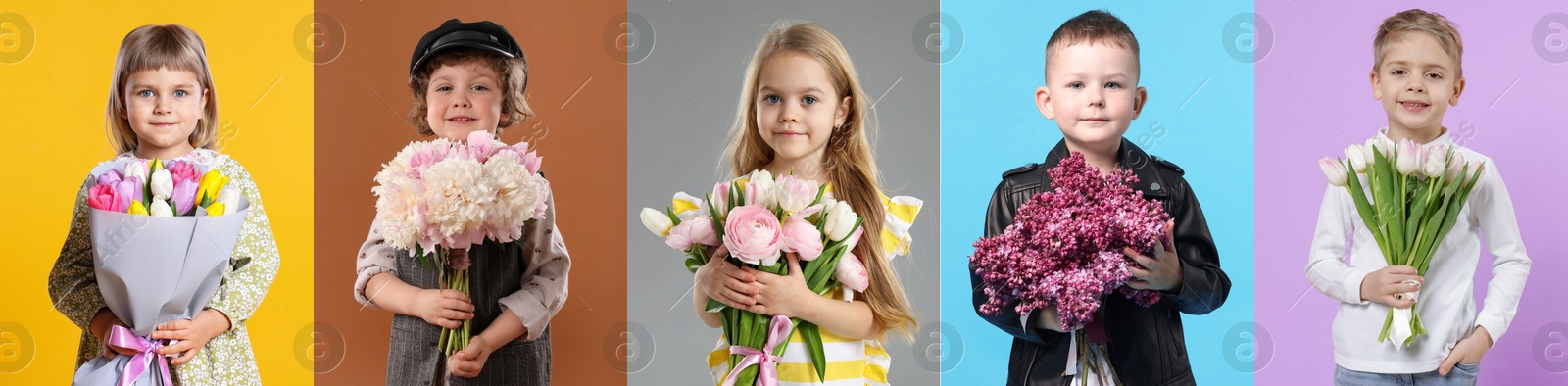 Cute children with bouquets of flowers on different color backgrounds. Collage of photos Image of Cute children with bouquets of flowers on different color backgrounds. Collage of photos