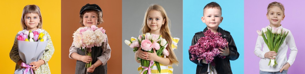 Image of Cute children with bouquets of flowers on different color backgrounds. Collage of photos