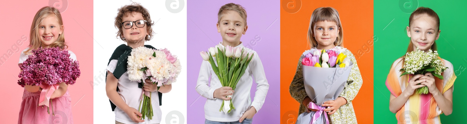 Cute children with bouquets of flowers on different color backgrounds. Collage of photos Image of Cute children with bouquets of flowers on different color backgrounds. Collage of photos