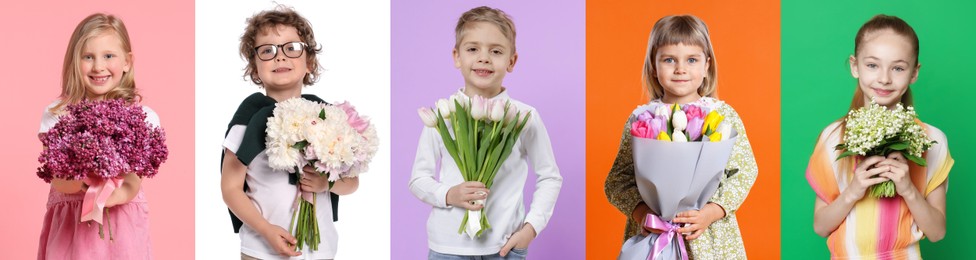 Image of Cute children with bouquets of flowers on different color backgrounds. Collage of photos