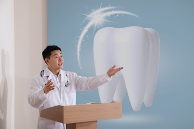 Image of Healthcare professional giving lecture about dentistry in conference room using video projector. Illustration on projection screen