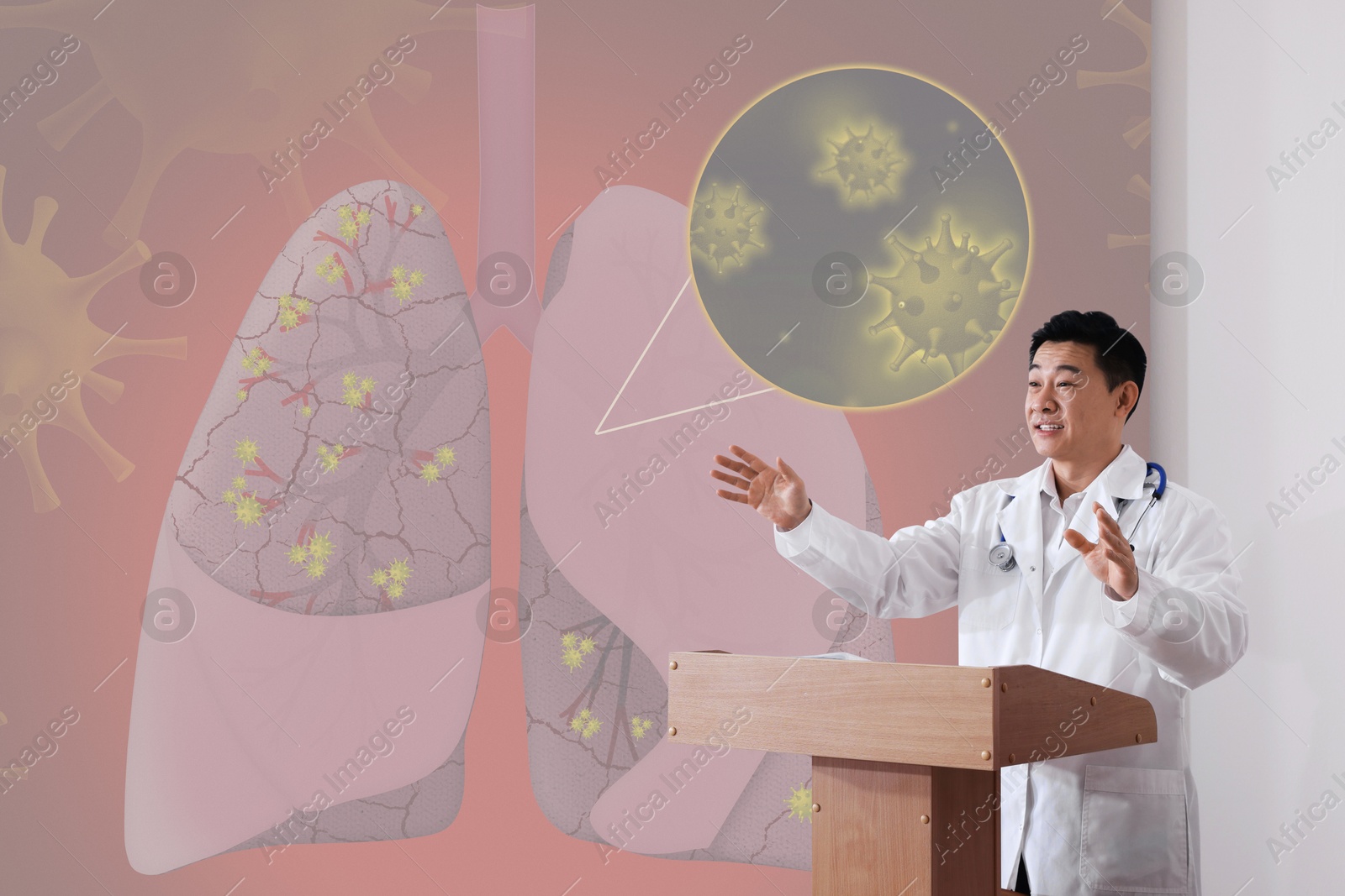 Healthcare professional giving lecture about lung diseases in conference room using video projector. Illustration on projection screen Image of Healthcare professional giving lecture about lung diseases in conference room using video projector. Illustration on projection screen