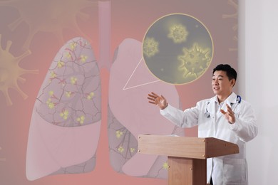 Image of Healthcare professional giving lecture about lung diseases in conference room using video projector. Illustration on projection screen