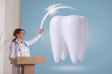 Image of Healthcare professional giving lecture about dentistry in conference room using video projector. Illustration on projection screen