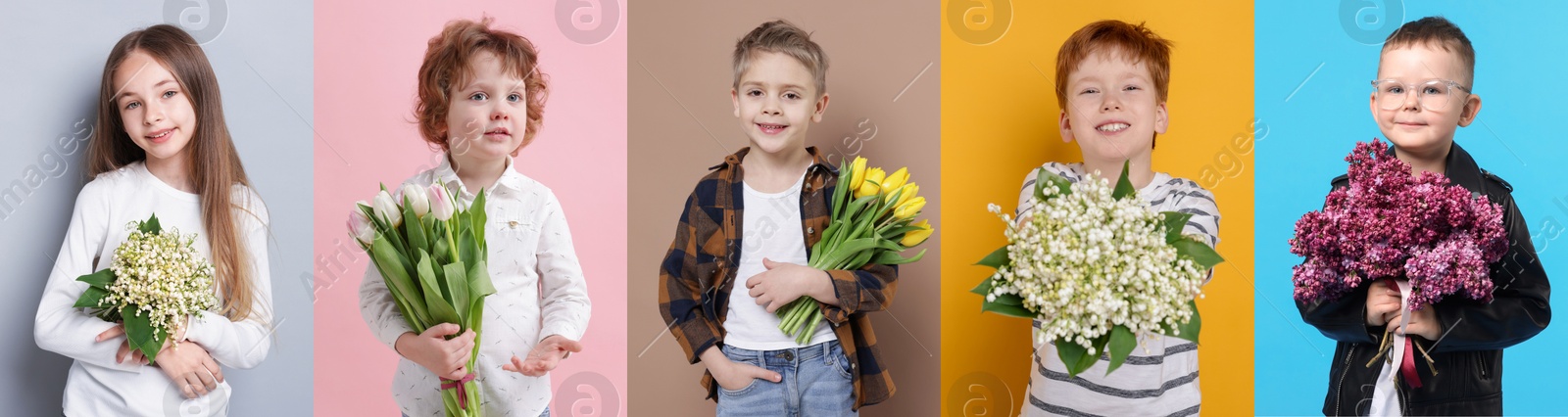 Cute children with bouquets of flowers on different color backgrounds. Collage of photos Image of Cute children with bouquets of flowers on different color backgrounds. Collage of photos