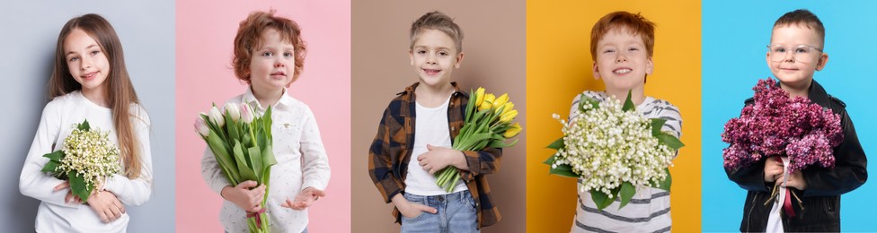 Image of Cute children with bouquets of flowers on different color backgrounds. Collage of photos