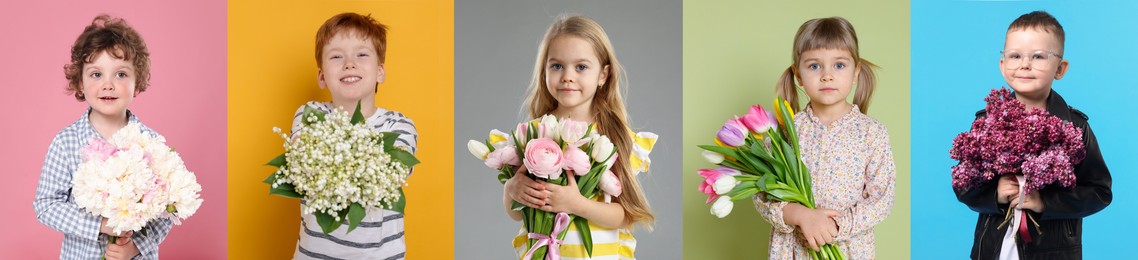 Image of Cute children with bouquets of flowers on different color backgrounds. Collage of photos
