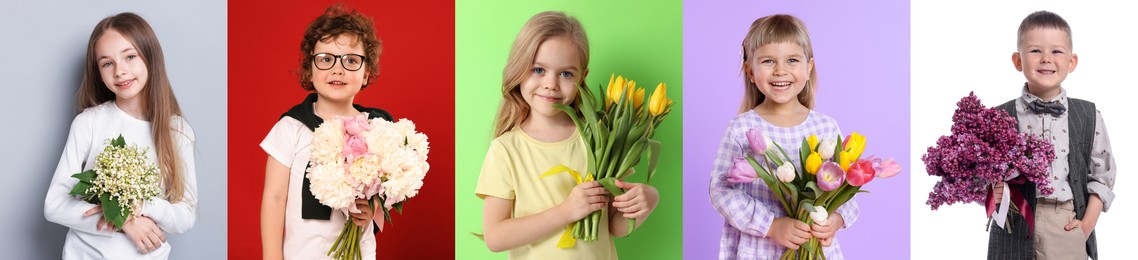 Image of Cute children with bouquets of flowers on different color backgrounds. Collage of photos