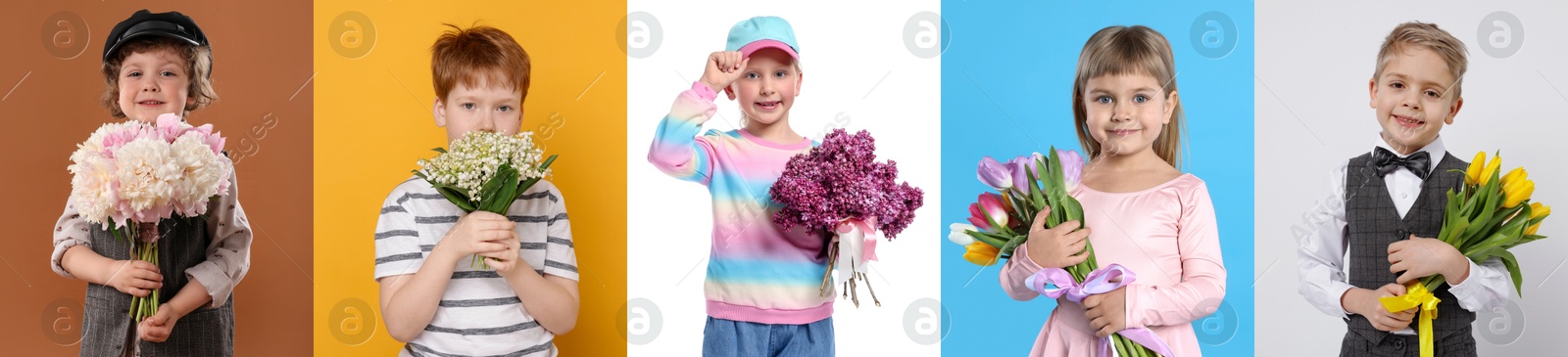 Cute children with bouquets of flowers on different color backgrounds. Collage of photos Image of Cute children with bouquets of flowers on different color backgrounds. Collage of photos