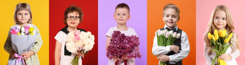 Image of Cute children with bouquets of flowers on different color backgrounds. Collage of photos