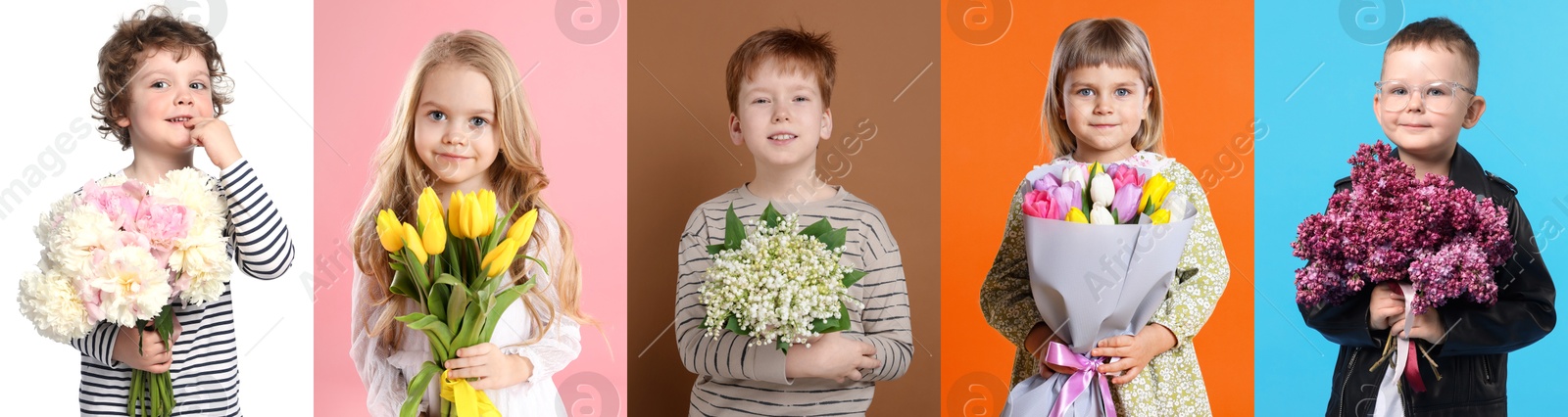 Cute children with bouquets of flowers on different color backgrounds. Collage of photos Image of Cute children with bouquets of flowers on different color backgrounds. Collage of photos