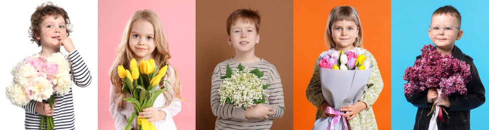 Image of Cute children with bouquets of flowers on different color backgrounds. Collage of photos