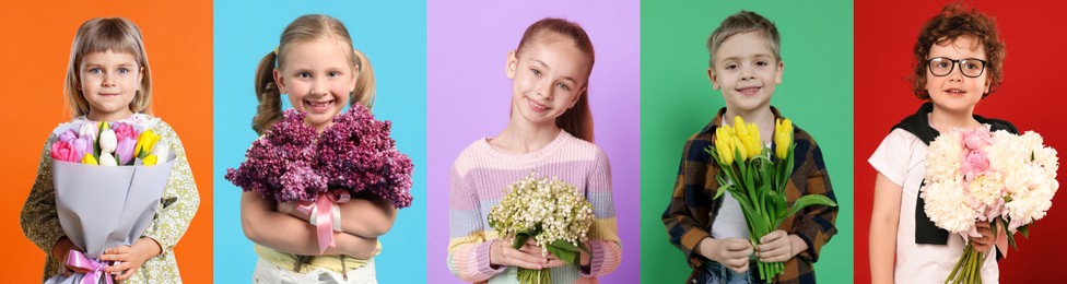 Image of Cute children with bouquets of flowers on different color backgrounds. Collage of photos