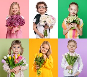 Image of Cute children with bouquets of flowers on different color backgrounds. Collage of photos
