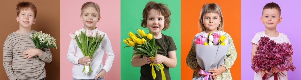 Image of Cute children with bouquets of flowers on different color backgrounds. Collage of photos
