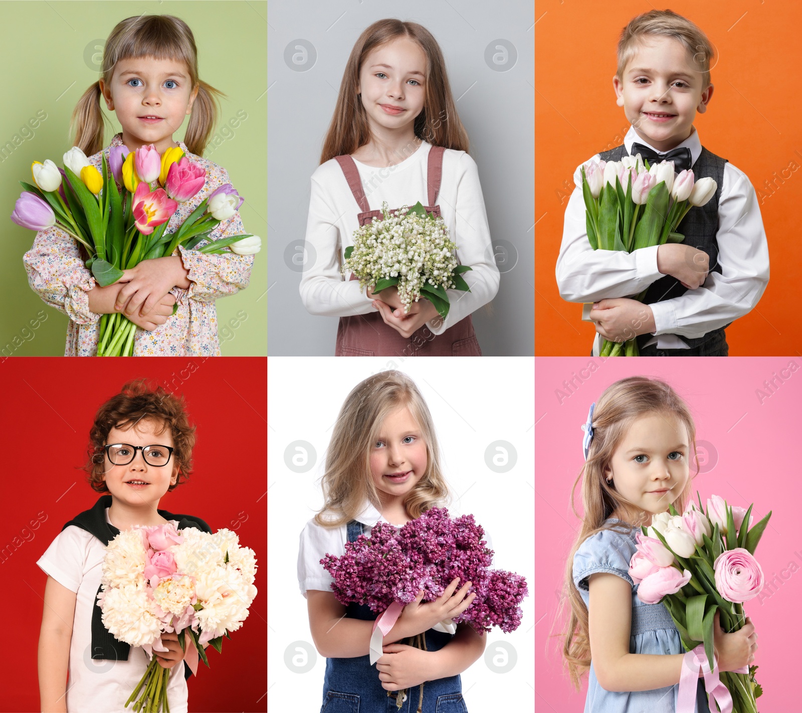 Cute children with bouquets of flowers on different color backgrounds. Collage of photos Image of Cute children with bouquets of flowers on different color backgrounds. Collage of photos