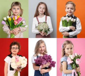 Image of Cute children with bouquets of flowers on different color backgrounds. Collage of photos