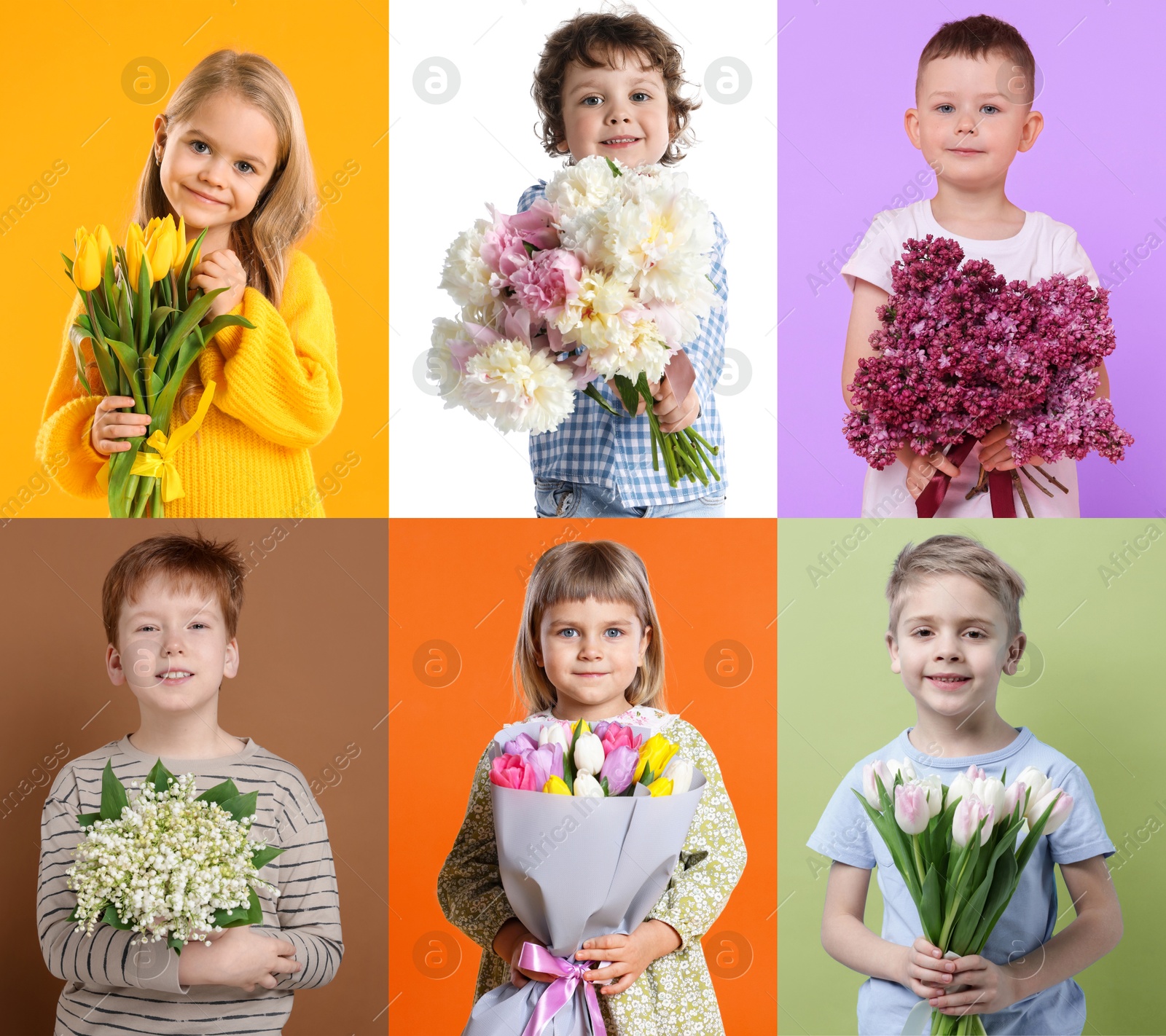 Cute children with bouquets of flowers on different color backgrounds. Collage of photos Image of Cute children with bouquets of flowers on different color backgrounds. Collage of photos