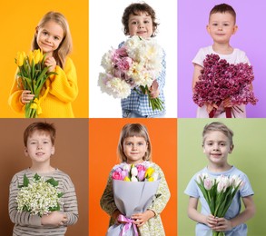 Image of Cute children with bouquets of flowers on different color backgrounds. Collage of photos