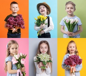 Image of Cute children with bouquets of flowers on different color backgrounds. Collage of photos