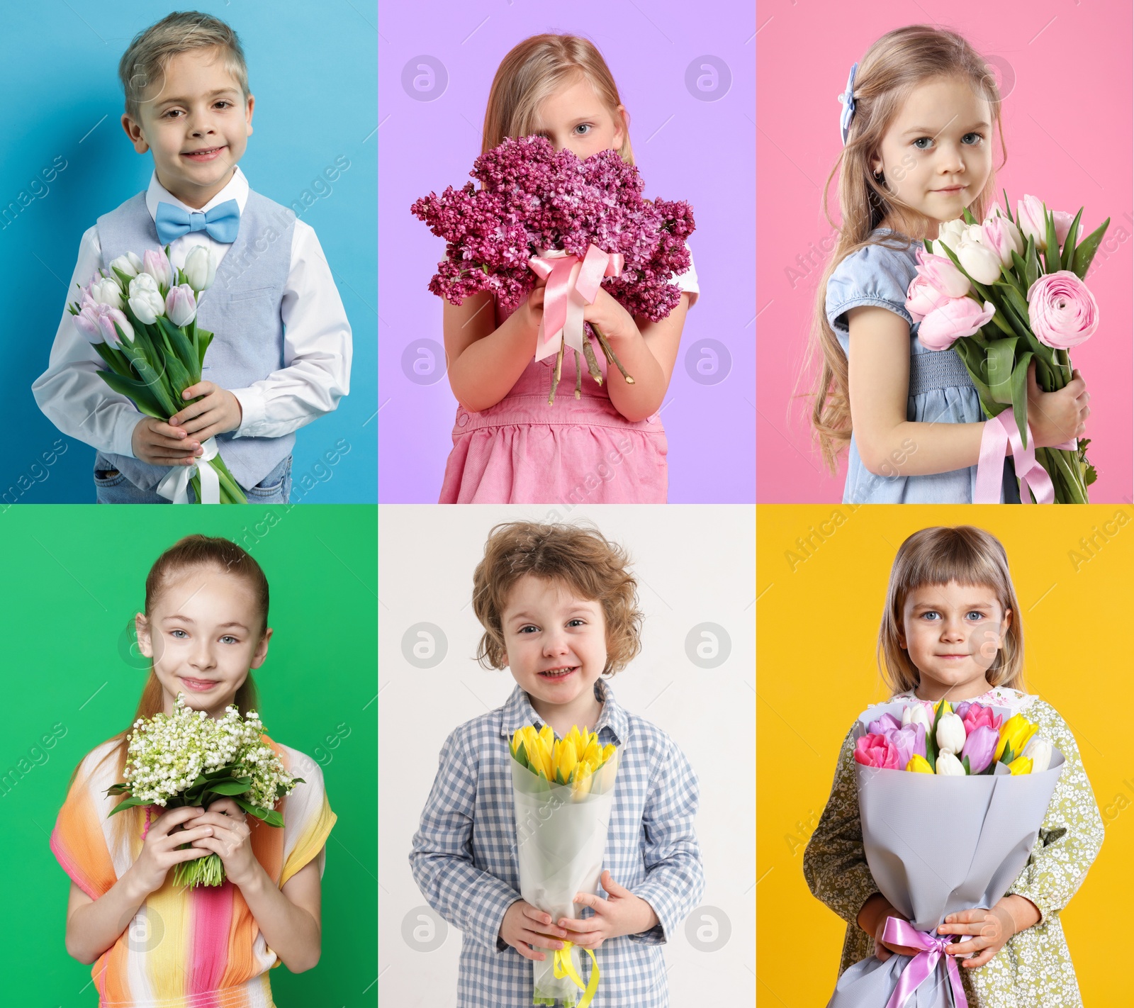 Cute children with bouquets of flowers on different color backgrounds. Collage of photos Image of Cute children with bouquets of flowers on different color backgrounds. Collage of photos