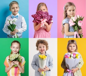 Image of Cute children with bouquets of flowers on different color backgrounds. Collage of photos