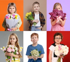 Image of Cute children with bouquets of flowers on different color backgrounds. Collage of photos