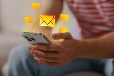 Image of Email marketing, new message notification. Man using mobile phone indoors, closeup