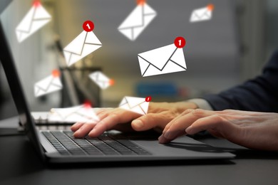 Image of Email marketing, new message notification. Woman using laptop at table, closeup. Envelopes flying out of computer