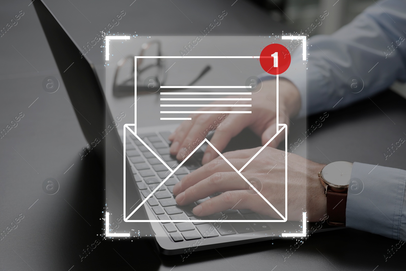 Email marketing, new message notification. Man using laptop at table, closeup Image of Email marketing, new message notification. Man using laptop at table, closeup