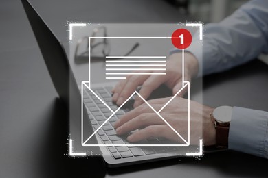 Image of Email marketing, new message notification. Man using laptop at table, closeup