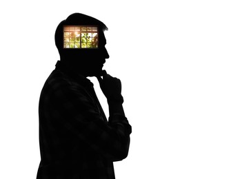 Image of Mental health. Silhouette of man with window in head on white background