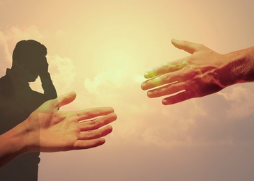 Image of Mental health, psychologist services. Giving helping hand, silhouette of man and sunrise sky, multiple exposure