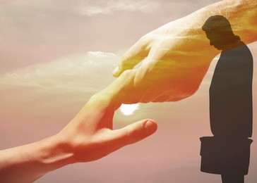 Image of Mental health, psychologist services. Giving helping hand, silhouette of man and sunrise sky, multiple exposure