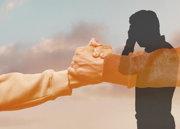 Image of Mental health, psychologist services. Giving helping hand, silhouette of man and sunrise sky, multiple exposure