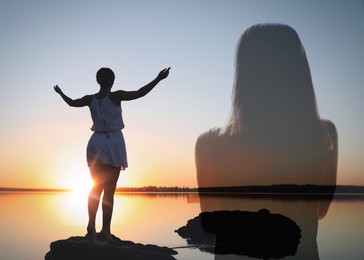 Image of Woman enjoying seascape at sunrise, double exposure with silhouette of girl. Changes in mental health due to help of psychologist