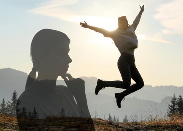 Image of Woman jumping in mountains at sunrise, double exposure with silhouette of pensive girl. Changes in mental health due to help of psychologist