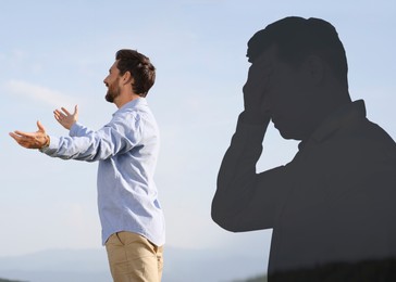 Image of Happy man against sky, double exposure with silhouette of sad person. Changes in mental health due to help of psychologist