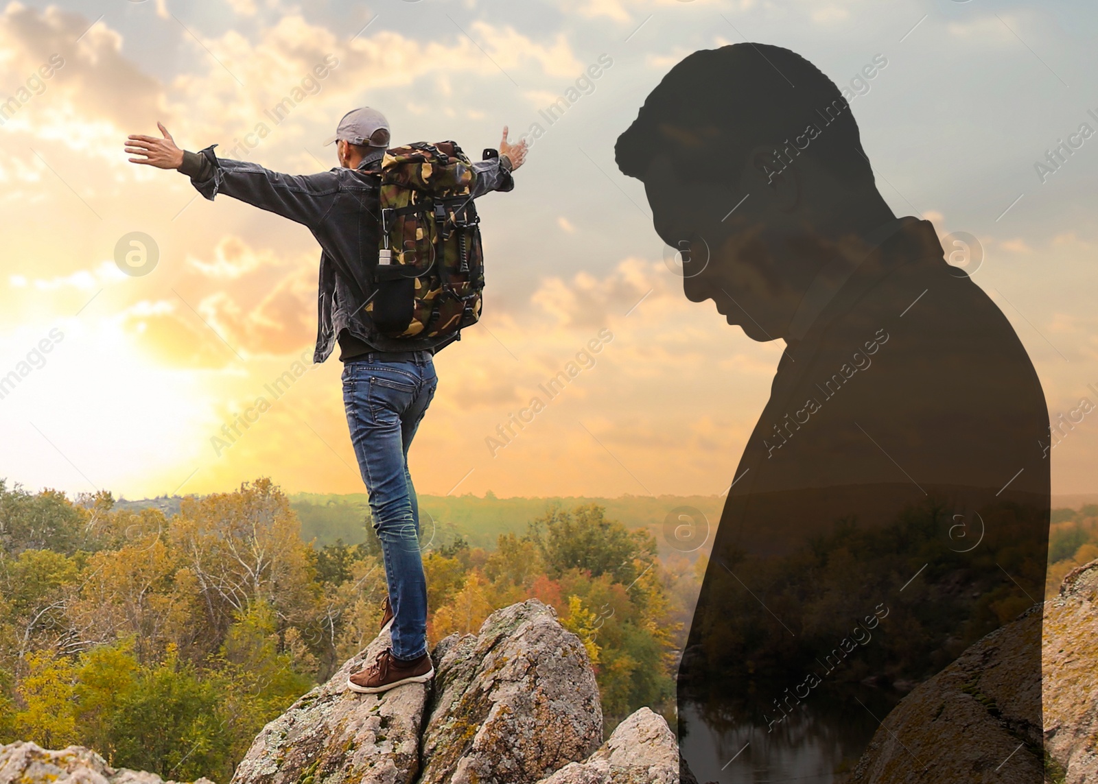 Happy man in mountains at sunrise, double exposure with silhouette of sad person. Changes in mental health due to help of psychologist Image of Happy man in mountains at sunrise, double exposure with silhouette of sad person. Changes in mental health due to help of psychologist