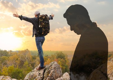 Image of Happy man in mountains at sunrise, double exposure with silhouette of sad person. Changes in mental health due to help of psychologist
