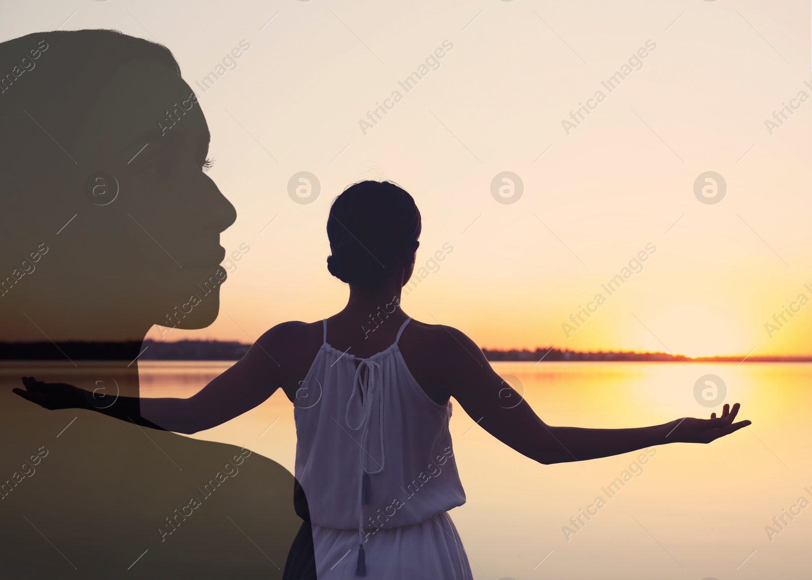 Woman enjoying seascape at sunrise, double exposure with silhouette of girl. Changes in mental health due to help of psychologist Image of Woman enjoying seascape at sunrise, double exposure with silhouette of girl. Changes in mental health due to help of psychologist