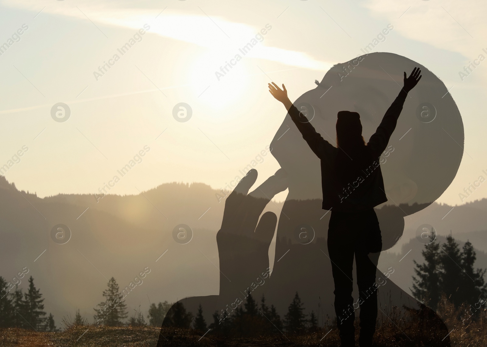Mental health. Woman enjoying mountain landscape at sunrise, double exposure with silhouette of girl Image of Mental health. Woman enjoying mountain landscape at sunrise, double exposure with silhouette of girl