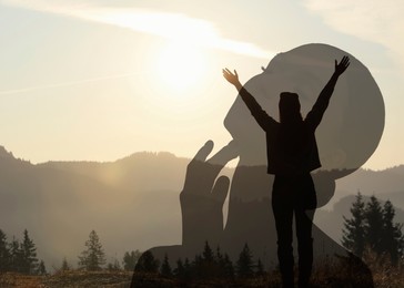 Image of Mental health. Woman enjoying mountain landscape at sunrise, double exposure with silhouette of girl